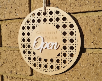 3D Open close door sign for businesses layered plaque double sided laser cut rattan pattern handmade from natural wood and white acrylic