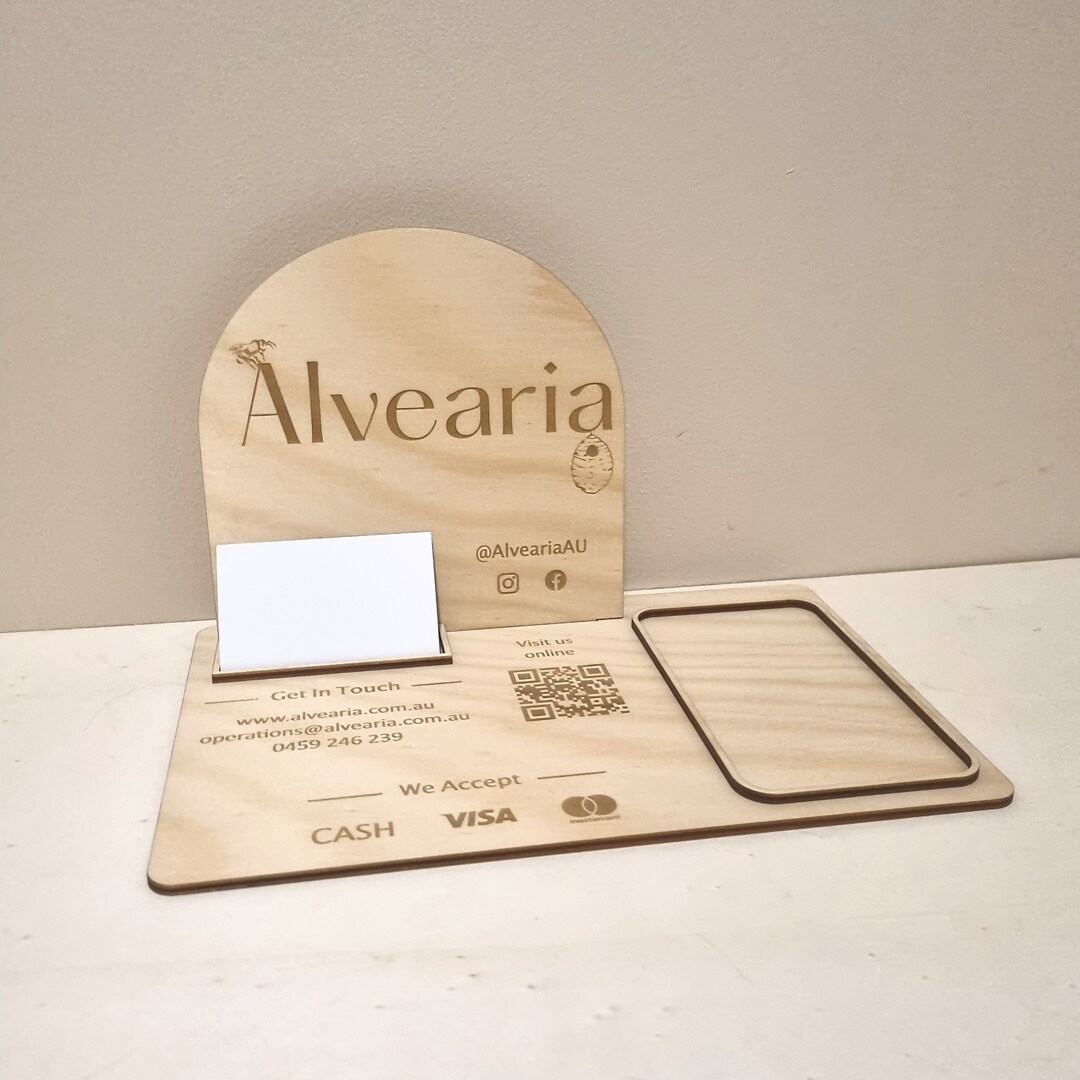 Code Card Holder Engraved Wood Business Station: Square Terminal, Logo, QR Code, Card ...
