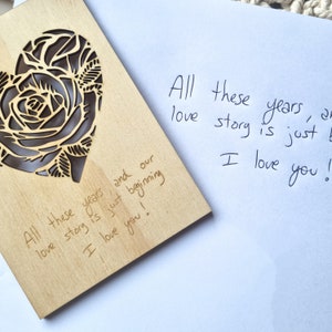 Rose Heart Wood Card own handwriting message note - Wood Wedding Anniversary Card, Personalised Gift, Wedding Wooden Card, 5th Anniversary