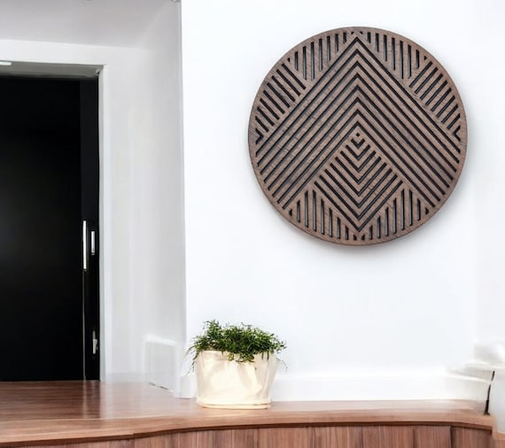 Geometric Wood Wall Art: Round Laser Cut Timber Veneer Mosaic