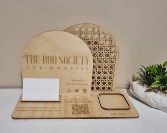 3D Wood Business Sign: Market Stall Display with rattan backer, QR Code & Card Holder