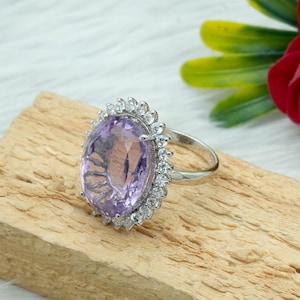 Amethyst & White Topaz Sterling Silver Ring: Oval Cocktail Jewelry