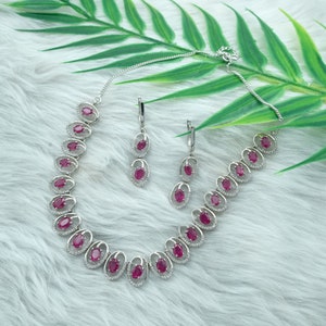 Ruby & White Topaz Sterling Silver Necklace and Earrings Set