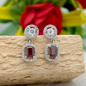 Emerald Cut Garnet Sterling Silver Earrings: January Birthstone