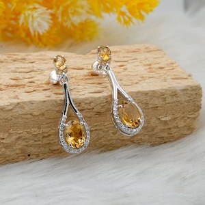 Natural Citrine Sterling Silver Earrings: Oval November Birthstone