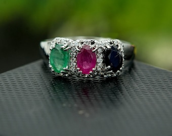 Natural Ruby, Emerald & Sapphire Sterling Silver Ring
