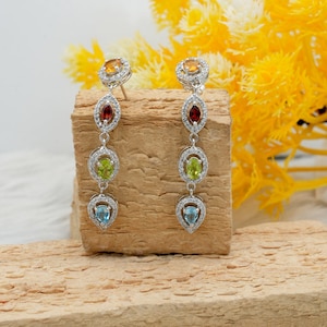 Multi-Gemstone Sterling Silver Earrings |Natural Genuine Citrine, Garnet, Peridot, Blue Topaz & White Topaz Studded Push Back Silver Hanging