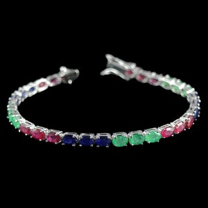 Bracelet tennis en argent sterling rubis, saphir et émeraude