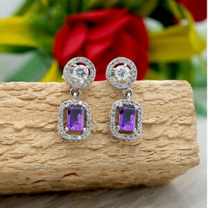 Natural Genuine Amethyst & White Topaz Sterling Silver Earrings | Emerald Cut Amethyst Push back Silver Earring |February Birthstone Earring