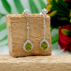 Natural Genuine Peridot & White Topaz Sterling Silver Earrings | Pear cut Peridot Push back Danglers For women | August Birthstone Earrings