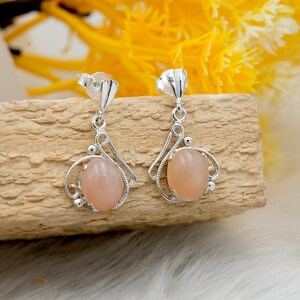 Pink Opal Sterling Silver Earrings: Cabochon Gemstone Hangings