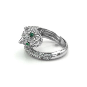 Natural Genuine Emerald & White Topaz Studded Silver Ring | Round Cut Emerald Cheetah Design Silver Statement Ring |Fancy Design Silver Ring