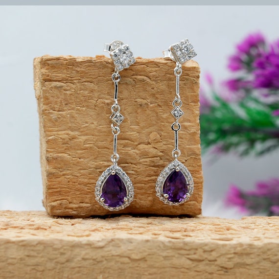 Amethyst Drop Earrings: Pear Cut, Sterling Silver, White Topaz