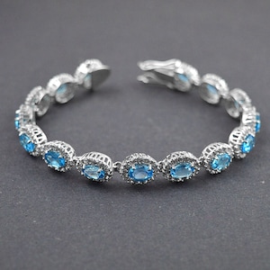 Natural Genuine Blue Topaz & White Topaz Silver Bracelet, Natural Genuine Blue Sapphire Sterling Silver Bracelet, Fine Jewelry, Gift for her
