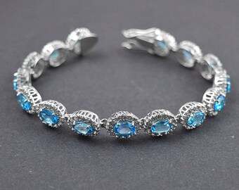 Natural Genuine Blue Topaz And White Topaz Silver Bracelet | Natural Blue Sapphire Silver Bracelet | Deep Blue Sapphire Bracelet For Women
