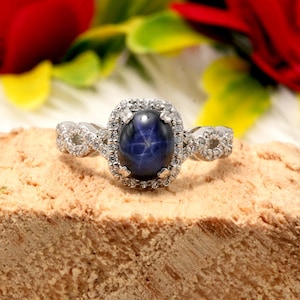 Natural Genuine Blue Star Sapphire & White Topaz Studded Sterling Silver Ring |Cabochon Cut Blue Star Sapphire 925 Silver Ring |Gift for her