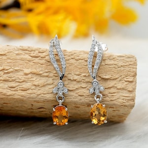 Citrine & White Topaz Sterling Silver Drop Earrings - November Birthstone