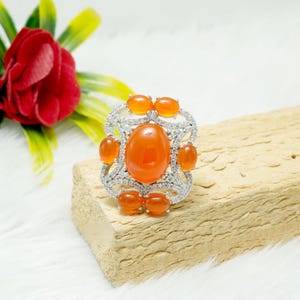 Oval Carnelian & White Topaz Ring: 925 Sterling Silver Cocktail Ring
