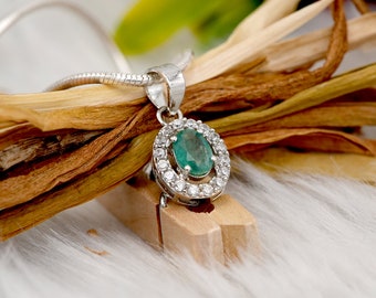 Emerald & White Topaz Sterling Silver Pendant with Silver Chain
