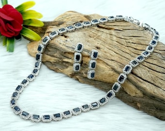 Emerald Cut Blue Sapphire Sterling Silver Necklace & Earrings Set