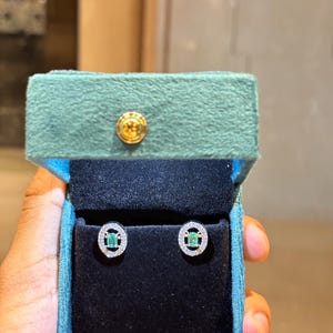 Natural Genuine Emerald & White Topaz Studded 925 Silver Stud Earrings, Oval Cut Emerald Push back Silver Studs, Fine Jewelry, Gift for her
