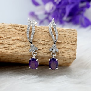Amethyst Sterling Silver Earrings: Oval Cut, February Birthstone