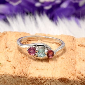 Multi-Tourmaline Sterling Silver Ring: Round Cut Three Stone