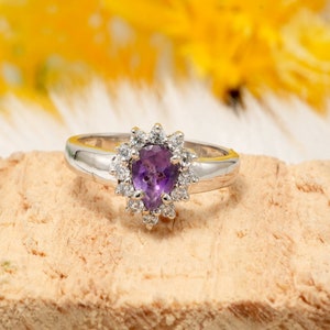Pear Cut Amethyst Sterling Silver Ring: White Topaz Halo, February Birthstone