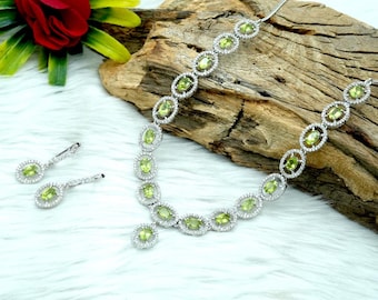 Peridot Necklace & Earrings Set: Sterling Silver, Oval Cut Gemstones