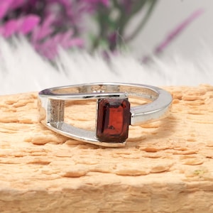 Natural Genuine Garnet 925 Sterling Silver Ring | Emerald Cut Red Garnet Gemstone Silver Statement Ring | January Birthstone | Gift for her