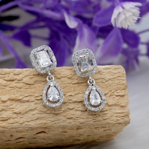 Emerald & Pear Cut White Topaz Sterling Silver Earrings