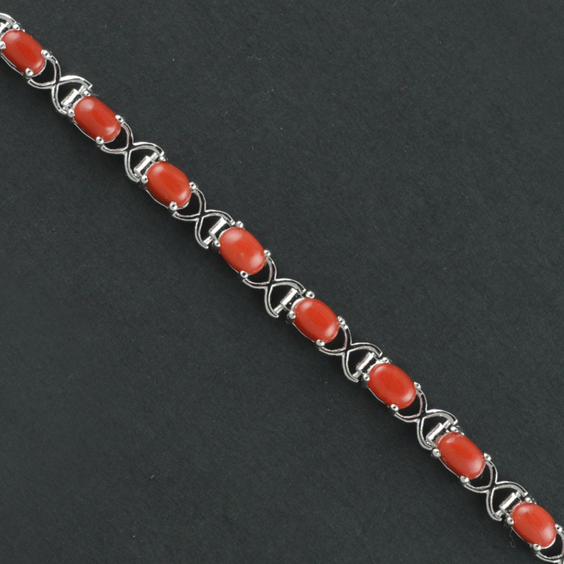 Natural Genuine Coral Silver Bracelet 4x6mm Oval Cut Real Coral Silver Bracelet For Her Red Coral Silver Jewelry For Women Gift For Wife image 1