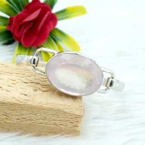 Natural Genuine Rose Quartz Openable 925Silver Bangle, Oval Cut Big size Rose Quartz Silver Bangle, Fine Jewelry, Pink Bangle, Gift for her,