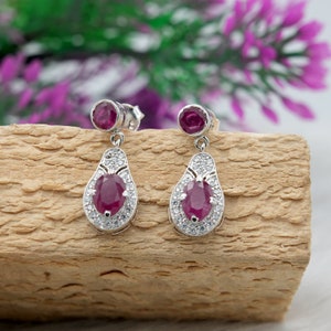 Natural Genuine Ruby & White Topaz Sterling Silver Earrings | Oval And Round Cut Ruby Push Back Silver Drop Earring |July Birthstone Earring