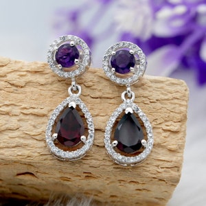 Amethyst Garnet Sterling Silver Earrings: Multi-Stone Dangle Earrings