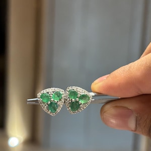 Natural Genuine Emerald & White Topaz Studded 925Sterling Silver Stud Earrings, Oval cut Emerald Push back Studs, Fine Jewelry, Gift for her