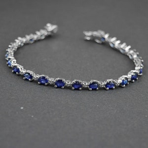 Natural Blue Sapphire & White Topaz Silver Bracelet, Natural Genuine Emerald and White Topaz 925 Silver Bracelet, Fine Jewelry, Gift for her