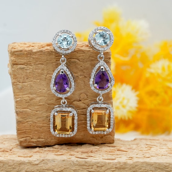 Multi-gemstone Sterling Silver Drop Earrings: Citrine, Amethyst