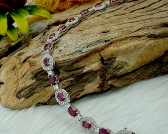 Ruby & White Topaz Sterling Silver Bracelet - July Birthstone