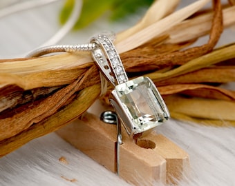Natural Genuine Green Amethyst & White Topaz Studded Sterling Silver Pendant | Emerald Cut Amethyst Pendant with Silver Chain | Gift for her