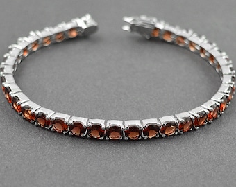 Natural Real Garnet Silver Round Cut Bracelet | 5mm Gorgeous Silver Garnet Bracelet For Her | Red Gemstone Silver Tennis Bracelet For Women