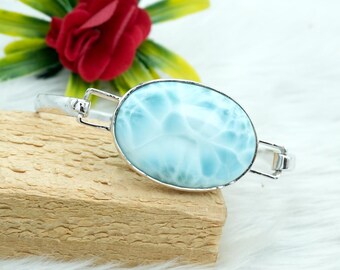Oval Larimar Sterling Silver Bangle: Natural Gemstone Jewelry