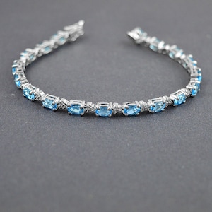 Natural Blue Topaz And & White Topaz 925 Silver Bracelet, Natural Genuine Blue Sapphire And White Topaz 925 Silver Bracelet, Gift For Her