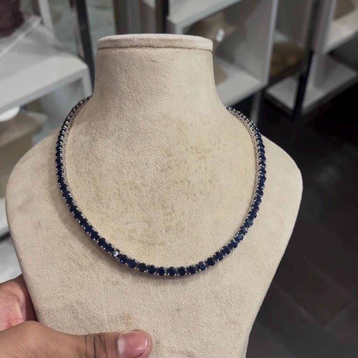 Natural Blue Sapphire 925 Sterling Silver Necklace: Round Cut Fine
