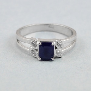 Natural Genuine Blue Sapphire & White Topaz Studded 925Sterling Silver Ring | Emerald Cut Blue Sapphire Silver Statement Ring | Gift for her