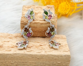 Multi-Tourmaline Sterling Silver Dangle Earrings with White Topaz