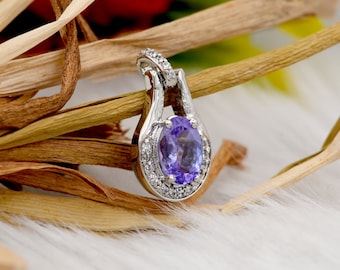 Natural Genuine Tanzanite & White topaz 925 Sterling Silver Pendant | Oval Cut Tanzanite Gemstone Silver Pendant with chain |  Gift for her