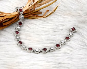 Natural Genuine Garnet & White Topaz Studded Sterling Silver Bracelet | Round cut Garnet Gemstone Slide lock Silver Bracelet | Gift for her