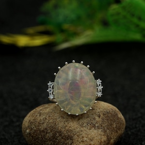 Fire Opal Sterling Silver Ring: Oval Cut Diamond Accent Cocktail Ring