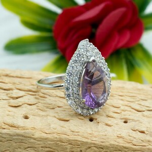 Amethyst Sterling Silver Ring: Pear Cut Gemstone, February Birthstone